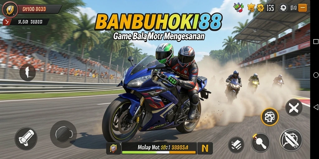 Screenshot gameplay BANBUHOKI88 menampilkan balapan mendebarkan di lintasan yang menantang.