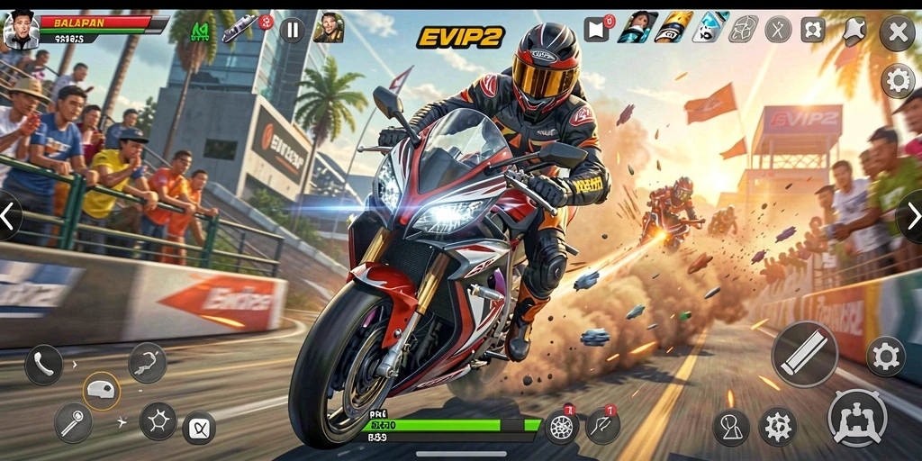 Tampilan gameplay balapan motor yang seru dan penuh aksi.