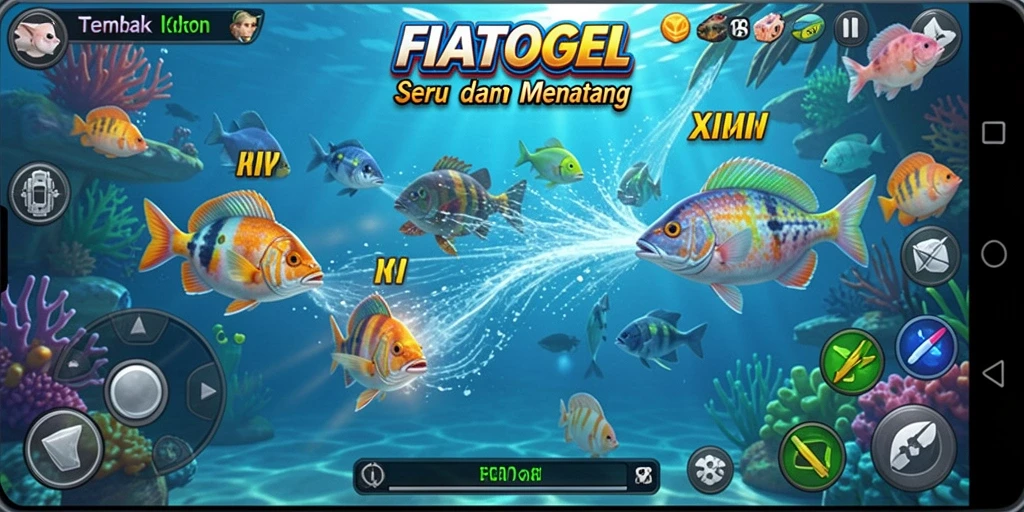 Screenshot gameplay FIATOGEL dengan aksi menangkap ikan.