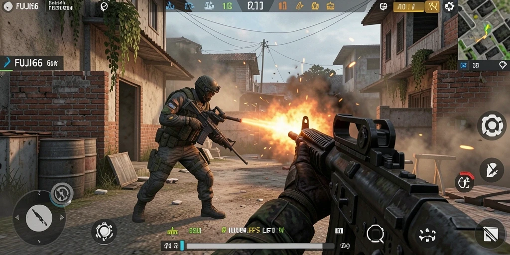 Screenshot utama FUJI66 menampilkan aksi pertempuran seru dalam gameplay FPS.