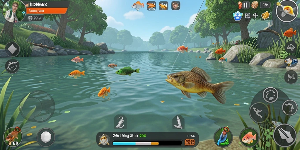 Screenshot gameplay IDN668 menampilkan suasana memancing yang menakjubkan.
