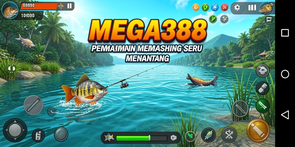 Screenshot utama MEGA388 menampilkan aksi memancing yang mendebarkan.