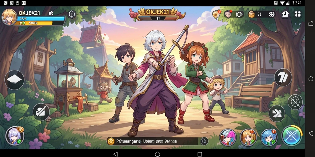 Tangkapan layar utama OKJEK21 menampilkan aksi seru dengan karakter Anime.