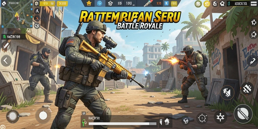 Screenshot utama RACIK198 menampilkan aksi pertarungan intens Battle Royale.