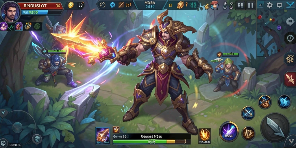Tampilan gameplay RINDUSLOT yang mengasyikkan dalam pertempuran MOBA tim.
