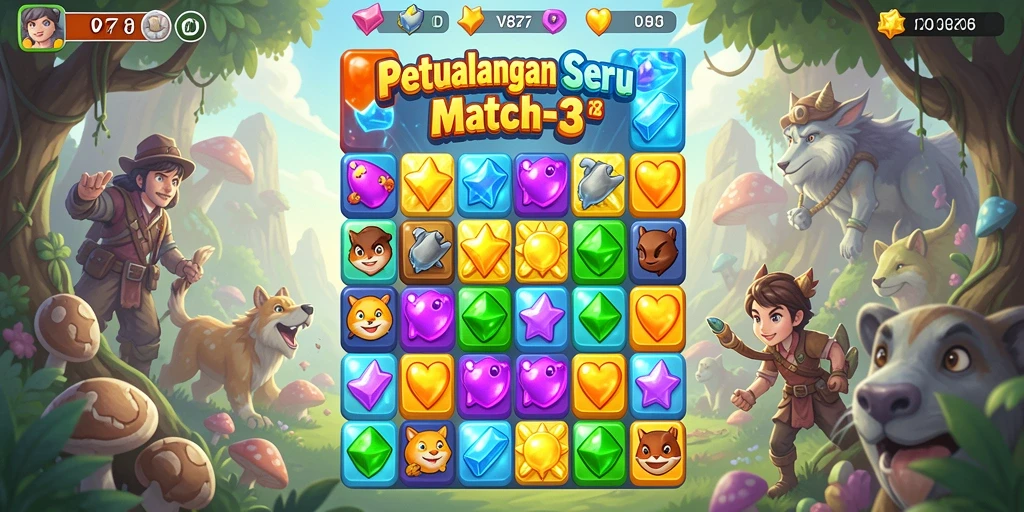 Tampilan menarik dari gameplay seru Match-3 di V87.
